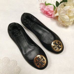 Tory Burch Reva Black Leather Gold Ballet Flat